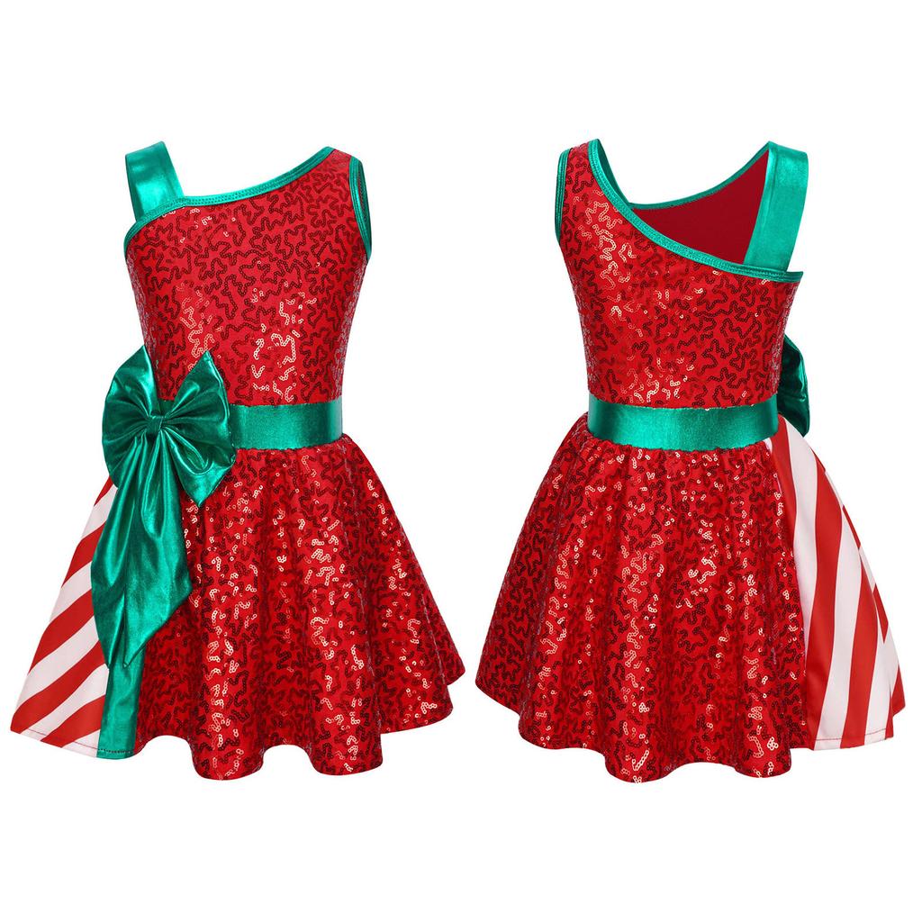 Girls Christmas Shiny Sequin Sleeveless Dress Ballet Dance Leotard Dress Christmas Party Performance Costume