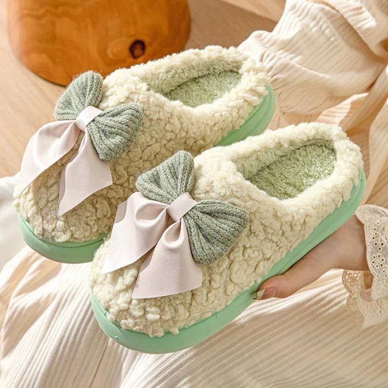 Winter Plush Bowknot Slippers Women  Korean Christmas New Year Warm Soft Home Indoor Casual Flat Bottom Slippers Gift Shoes