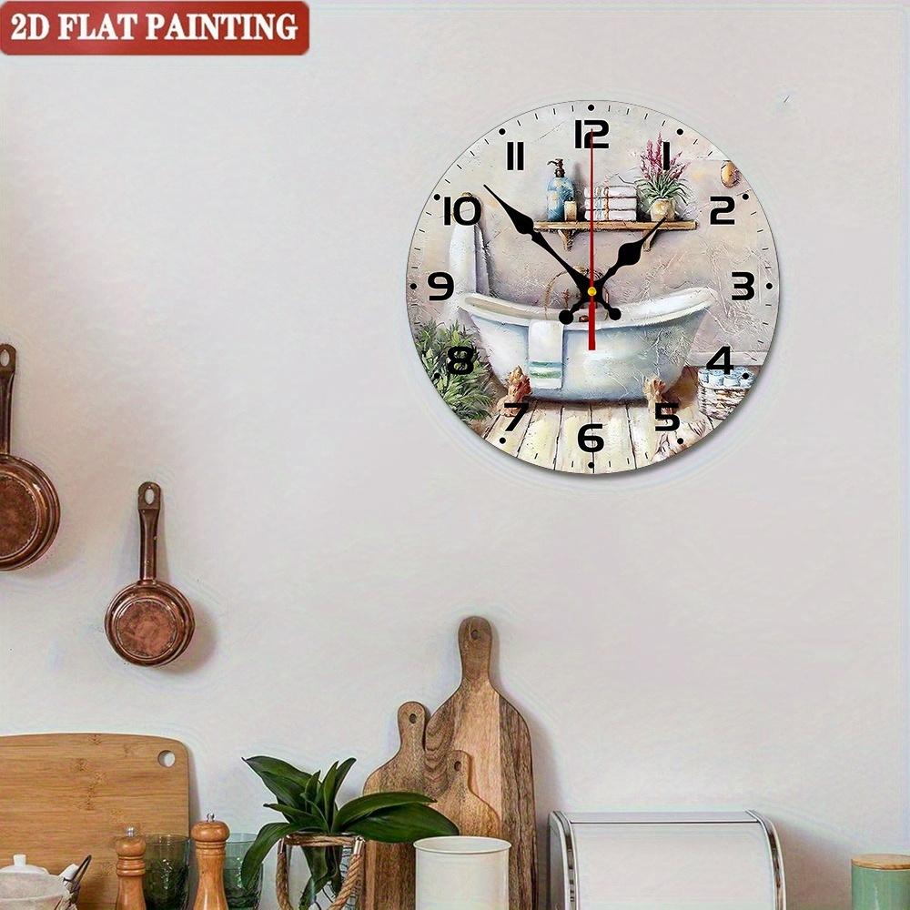Bathroom Theme Wall Clock. Bathtub & Plants Design, Silent for Kitchen or Living Room.