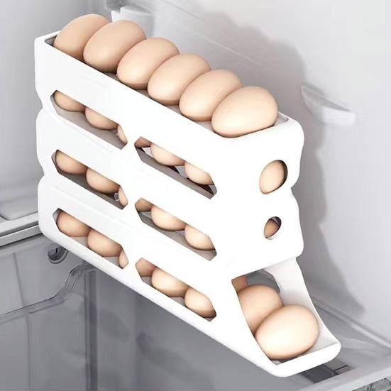 Fridge Egg Storage Box Four Tiers Automatic Rolling Large Capacity Space-Saving 30 Egg Organizer Refrigerator Side Door Egg Dispenser