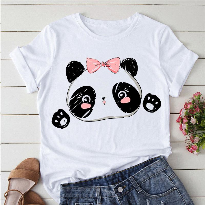 Aesthetics Cute Panda Print Women Basic Tees Cartoon Top O-Neck Simple Tee Short Sleeve T-Shirt Ladies Tees Graphic White Tshirt