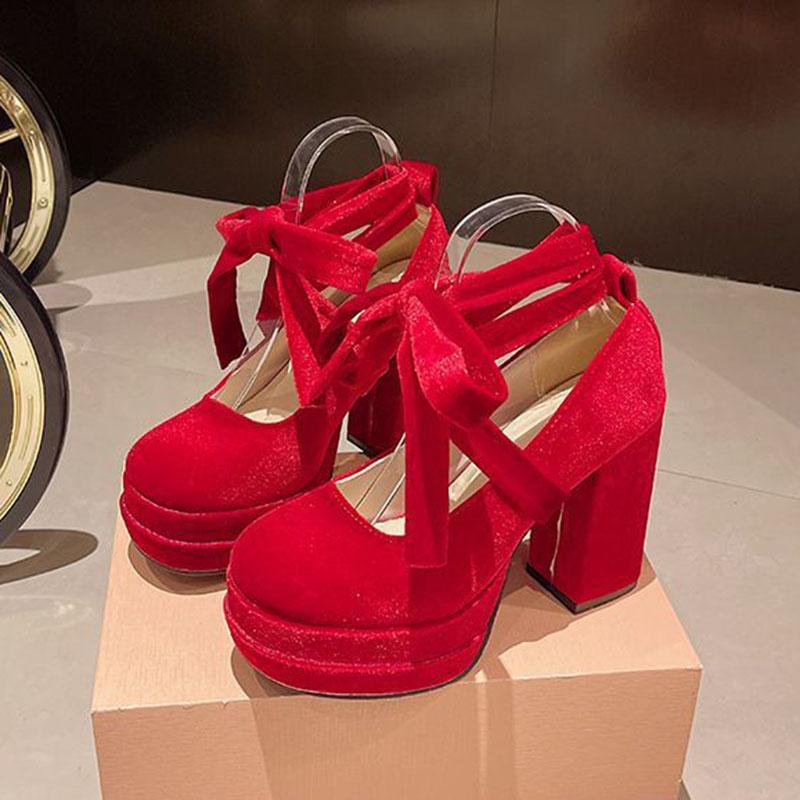 Fashion Platform Women Mary Jane Shoes Fashion Elegant Cross Strap Thick Heeled Shoes Spring Ladies College Style Suede Dress Pumps