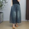 Summer Embroidered Denim Wide Leg Pants for Women Elastic Loose Casual Vintage Style Nine Cent Pants Female