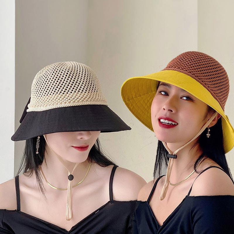 1 Piece Bow Hollow Stitching Panama Hats Fisherman Uv Protection Sun Hat Summer Women'S Bucket Foldable Basin Sunscreen Cap