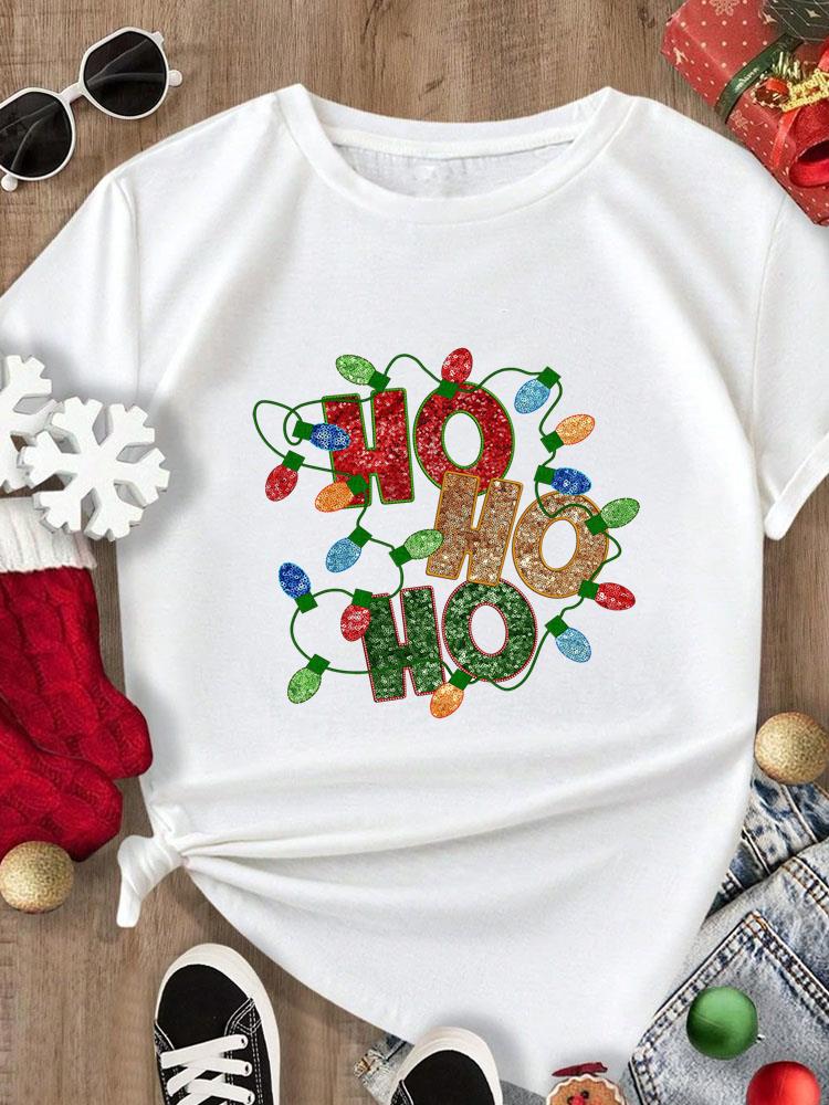 (Asian Size) Tee Merry Christmas New Year Holiday Top Festival Casual Women Letter Sweet 90s Print Lady Short Sleeve Fashion Graphic T-shirts