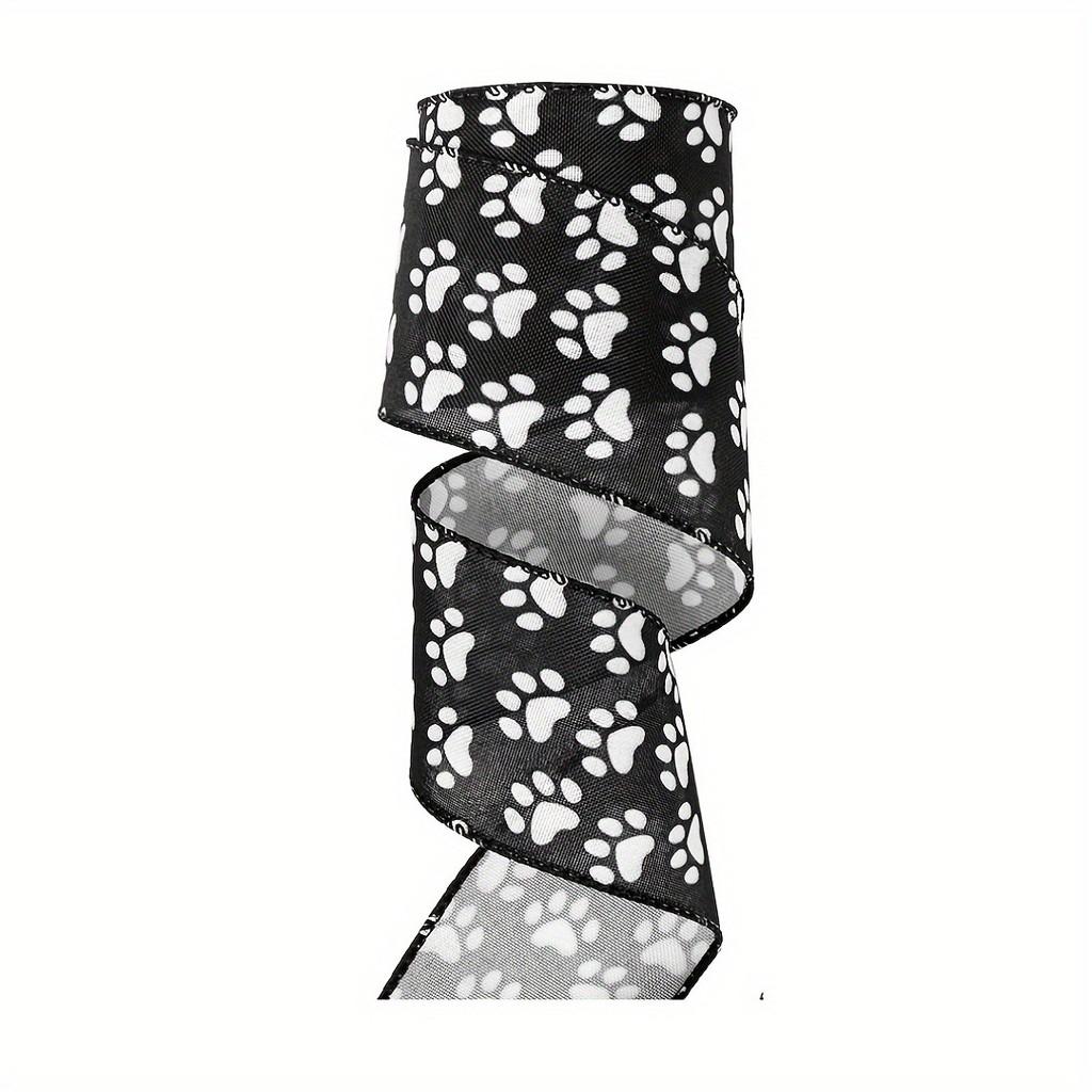 Highquality Satin White Ribbon Adorned With Black Paw Prints Ideal For Creative Crafts Petthemed