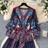 Bohemian Floral Chiffon Summer Dresses for Women 2025 Runway V-Neck Long Lantern Sleeve Sashes Beach Holiday Dressess Boho Robe