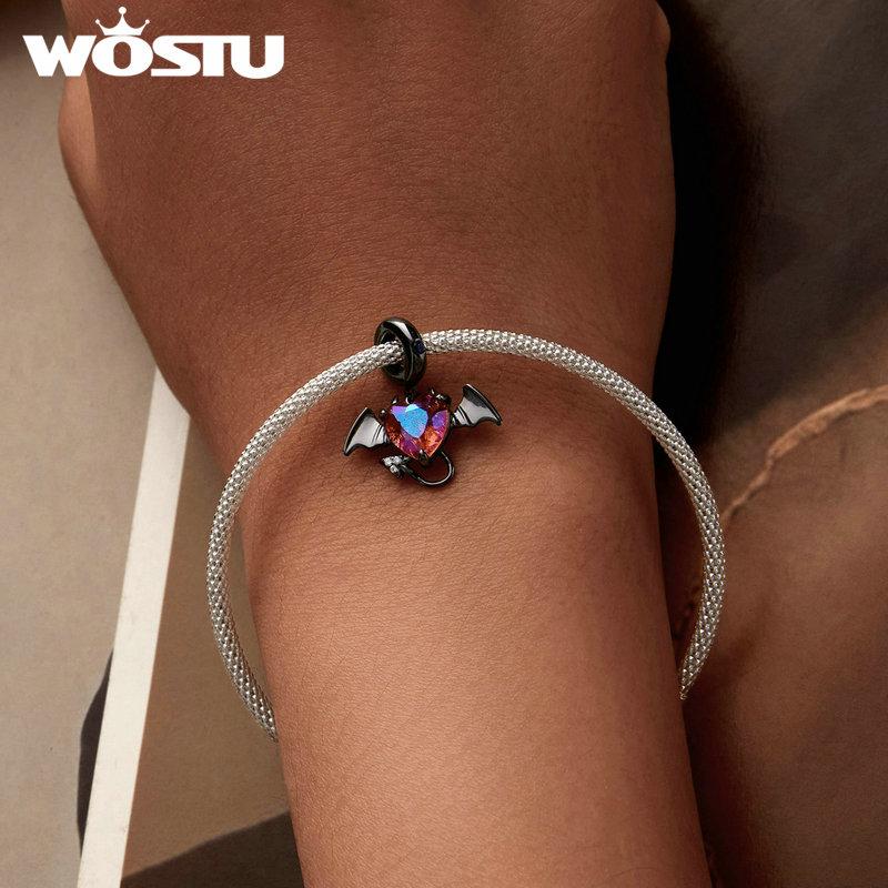 WOSTU 925 Sterling Silver Black Devil Pendant Charms Stone Heart Beads for Women DIY Jewelry Gift Making