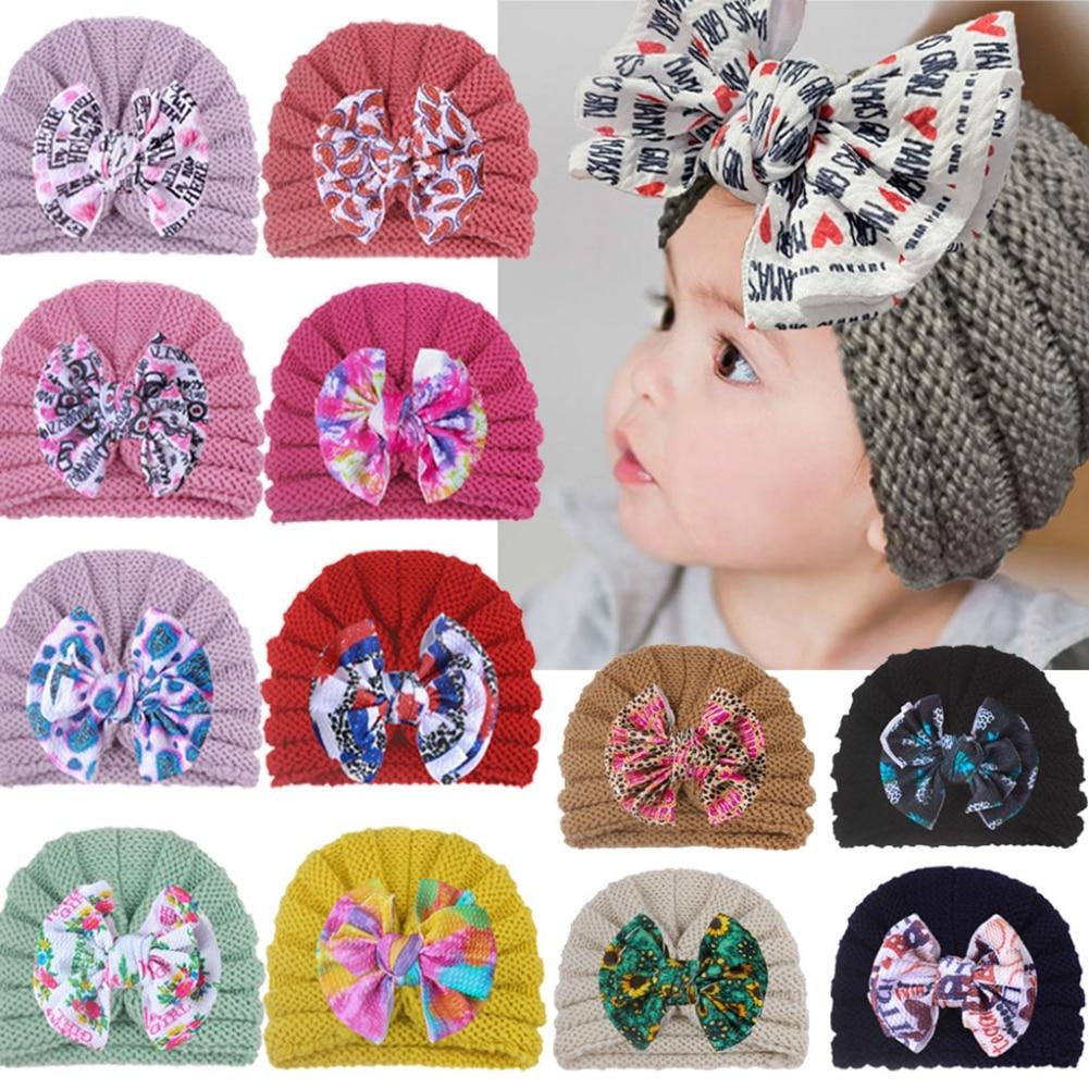 Solid Baby Cotton Cute Bear Ear Bowknot Turban Hats Sweet Soft 0-4T Elastic Caps for Newborn Baby Boy Girls Headwraps