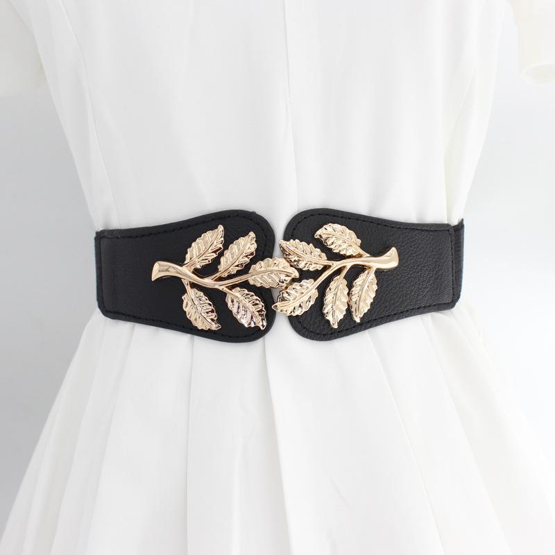 Gold Leaf Pair Buckle Elastic Belt Women'S Dress Decorative Fine Elastic Waist Seal Three Sizes