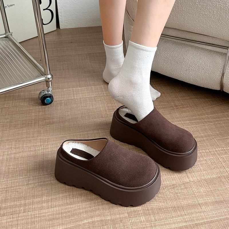 Fashion 2024 Autumn and Winter Retro New Fashion Women's Warm Plus Velvet Solid Color Thick-soled Toe-cap Cotton Slippers