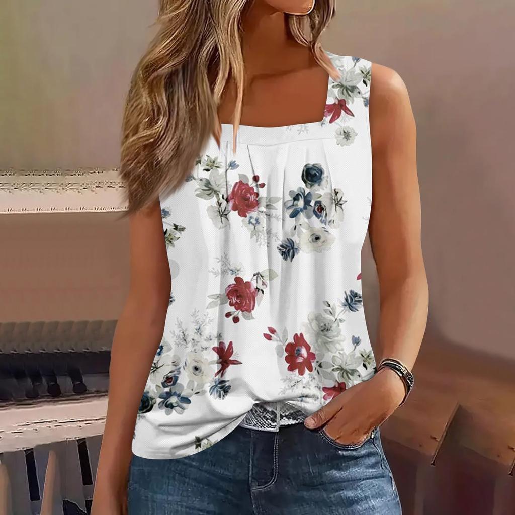 Women's Pleated Square Collar Sleeveless Vest Print T-shirt