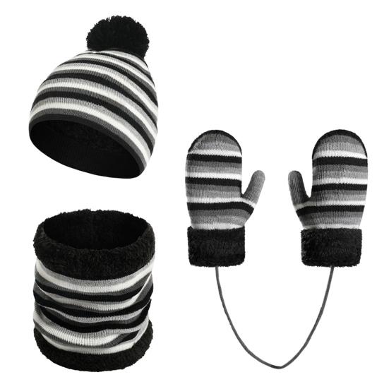 Набор из 3 предметов: детская шапка, шарф, перчатки, полосатый принт, веревка против потери, теплая, дышащая, комбинированный набор шапка-шарф-перчатки, зимняя экипировка