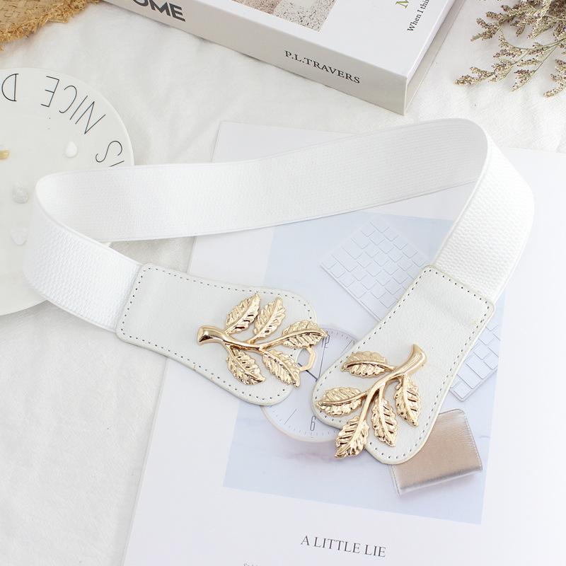 Gold Leaf Pair Buckle Elastic Belt Women'S Dress Decorative Fine Elastic Waist Seal Three Sizes