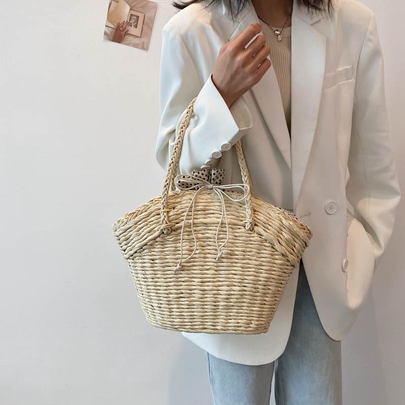 Summer Straw Bag Women Weave Handmade Handbag Drawstring Handle Bag Large Capacity Wave Point Tote Bag Shopping Bags ARI
