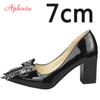 Aphixta Elegant Square Heels Patent Leather Official Pumps Women Bling Sequins Butterfly-knot Pointed Toe Dress Shoes Woman