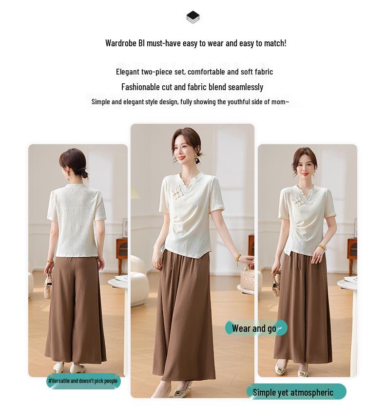 Chinese Style Summer Set: Short-Sleeved Blouse & Wide-Leg Pants for Middle-Aged Women