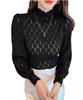 Gincci Long Sleeve Lace Sheer High Layered Sheer C Women's See-Through Blouse, Top, Pullover, Neck, Stretch, Look, Sexy, (Type - Black)
