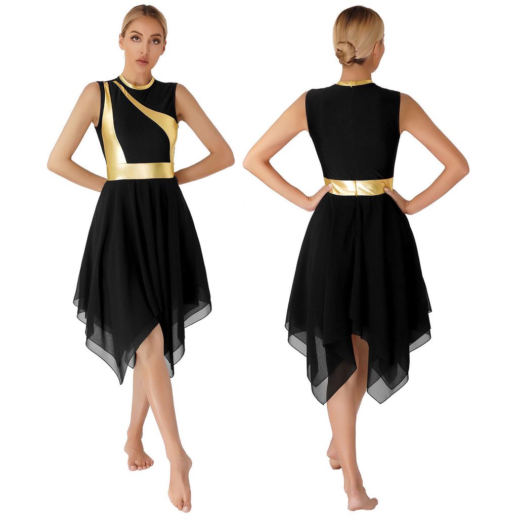Womens Modern Lyrical Dance Costume Color Block Patchwork Sleeveless Irregular Hem Dress Dancewear
