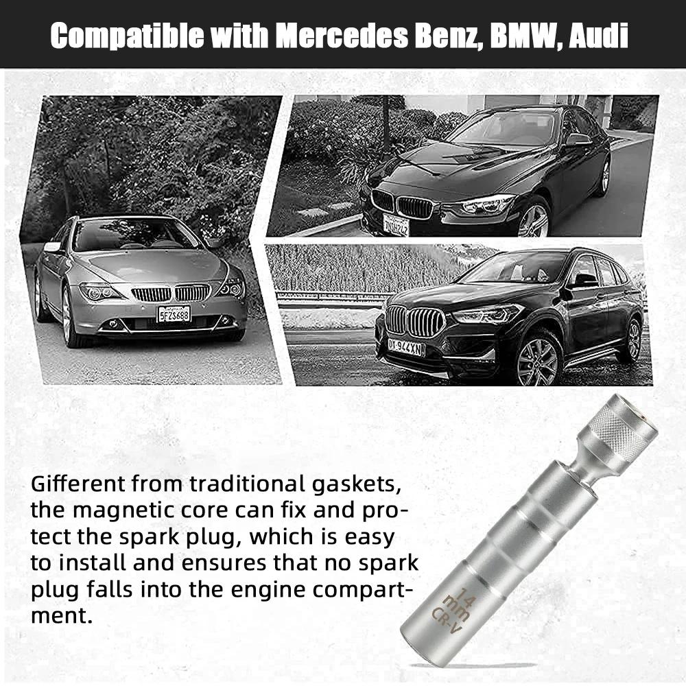 Spark Plug Socket Wrench Adapter 14mm16mm Set Universal Joint with Magnetic Flexible Socket Thin Wall 3/8" Drive Car Repair Tool