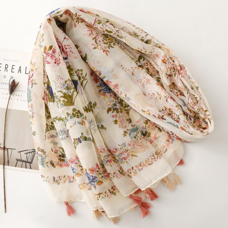Four Seasons Available Luxury Women Viscose Scarf Designer Shawl Cotton Linen Feeling Tassel Pashmina Muslim Hijab Wrap Floral