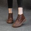 Women's Retro Genuine Leather Fleece-Lined Martin Boots, Thick Sole, Round Toe, Low Top, Breathable Ankle Boots In Brown for Spring, Autumn, Winter.