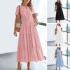 Women's Summer Maxi Dress Casual V-Neck Short Sleeve Tiered Flowy Dress Smocked Waist Pleated Long Dress
