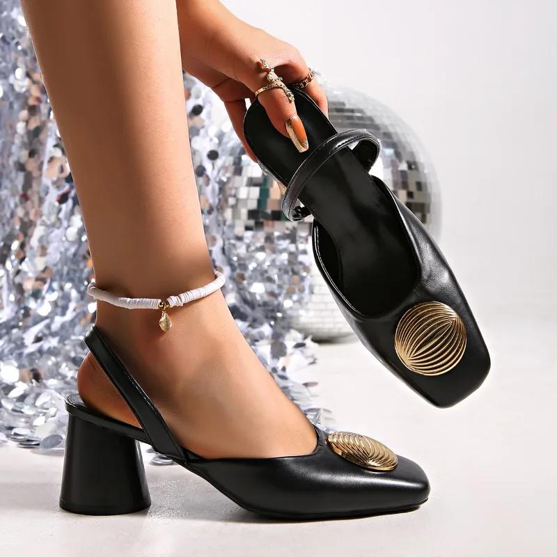 Women's Shoes 2025 New Closed Toe Women's Sandals Metal Decoration Plus Size Solid Buckle Strap Best Seller Heels Women