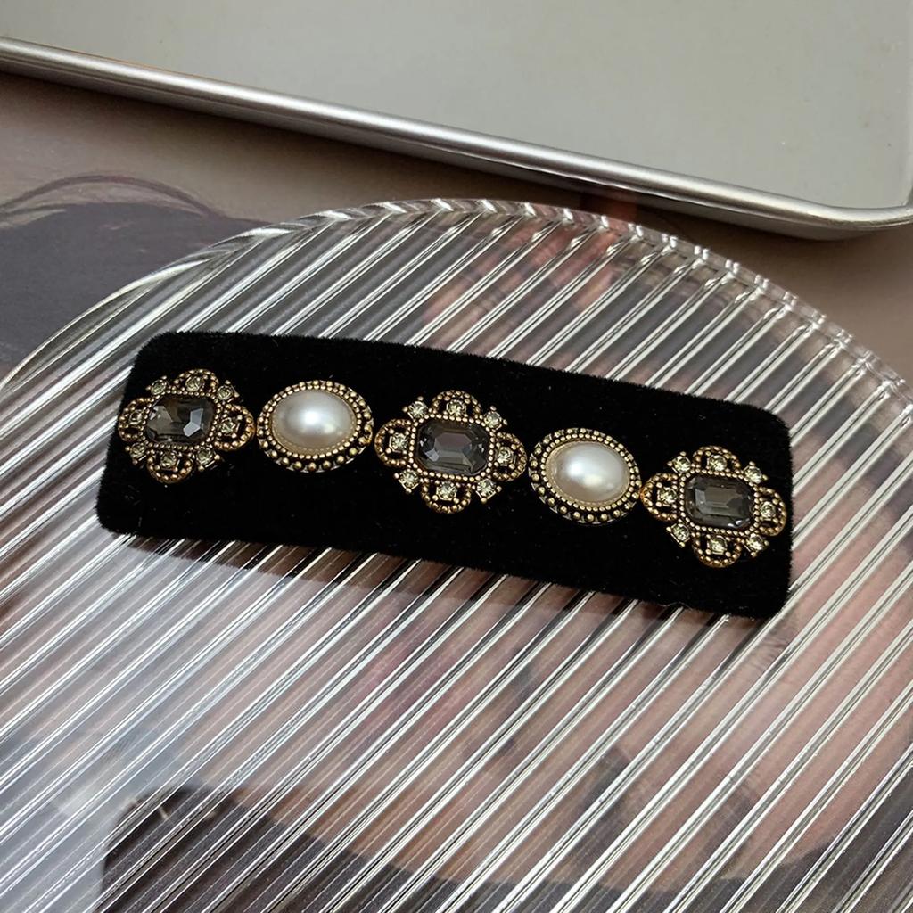 Korean Hair Accessories Heavy Industry Baroque Retro Rhinestone Edge Clip Velvet Bangs BB  Elegant Women's  Headwear