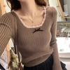 Fashion Square Neck Lace Bow Knitted Pullover Sweater Women Elegant Bottoming Shirt Women's Casual Simple Solid Color Autumn Clothing