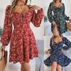 Women's Midi Dress V-Neck Long Sleeve Flower A Line Dress Casual Flower Pleated High Waist Beach Dress