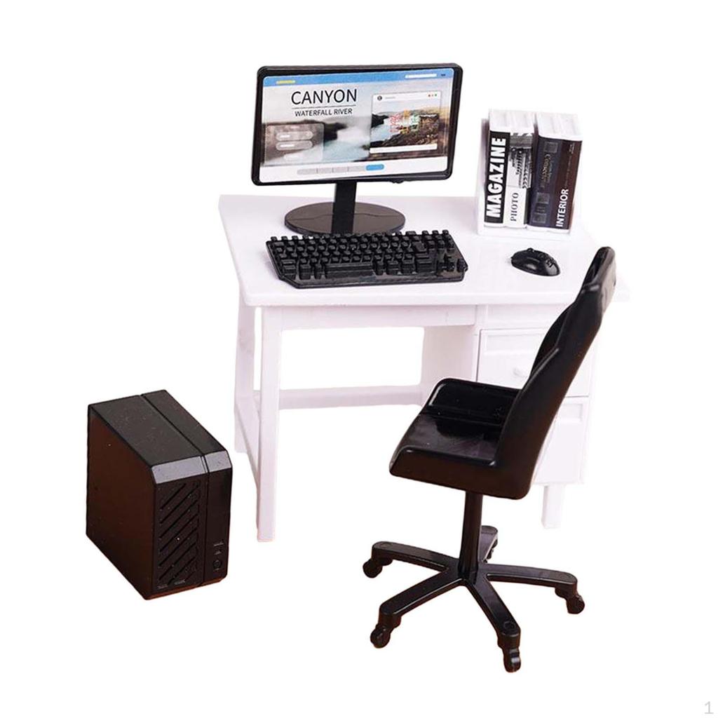 1/12 Computer Desk and Chair Miniature Gaming Table with Keyboard Model for Decoration