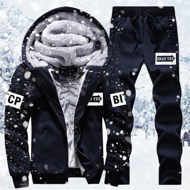 Tracksuit Fleece Hooded Jacket +Pants Sweatshirts Set Hoodies Suit Coat Sportswear Autumn Winter Warm Pullover