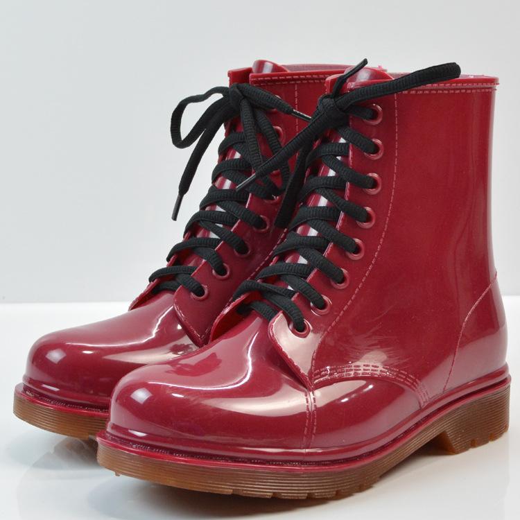 Rain Boots Fashion Ladies Flat-heel Solid Color Rain Boots Water Shoes Lace-up Warmth Mid-Calf Rain Boots Platform Shoesf
