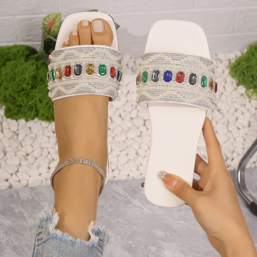 Colored Rhinestone Flat-bottomed Slippers for Women In the Summer of 2024, New Foreign Trade Large Size One-word Casual Beach Cool Slippers for Women