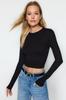 Women's Fashion New Blouse Black Premium Viscose Crew Neck Crop Stretchy Knitted Blouse