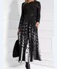 Women's Long Sleeve Black Top with Printed Maxi Skirt Dress, Bohemian Floral Geometric Pattern, Multiple Color Options
