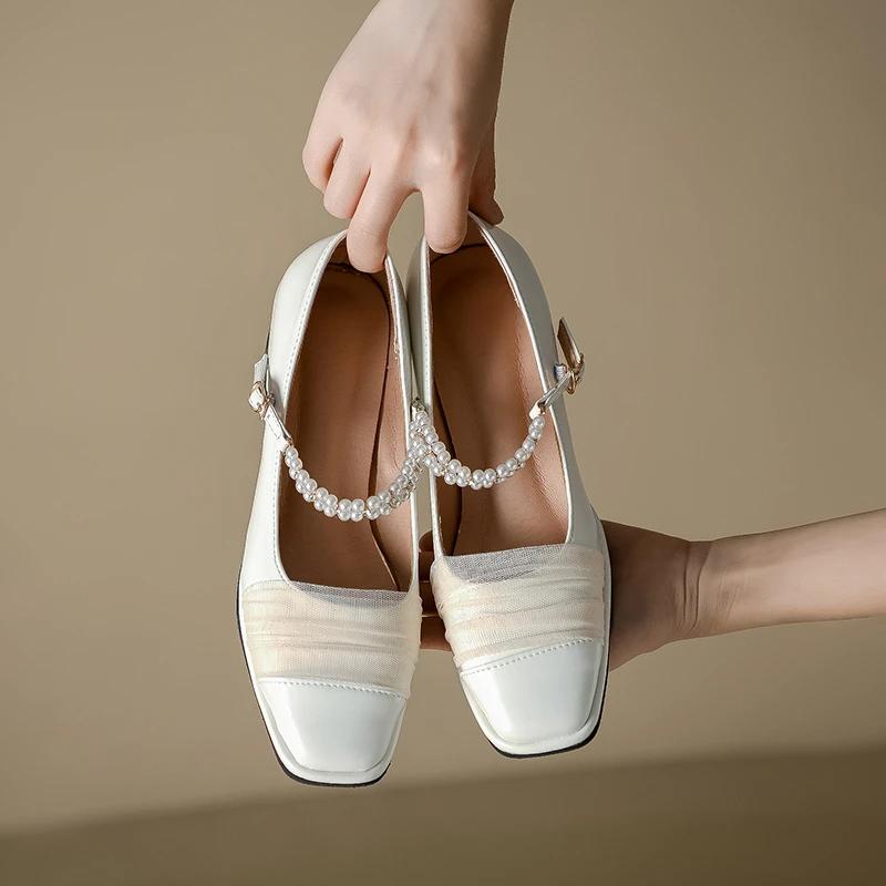 Fashion Elegant Mary Janes Shoes New Designer Square Toe Lace Pearls Buckle Strap Shallow Mid Thick Heeled Pumps Women