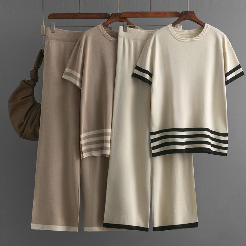 Fall Winter Lazy Wind Loose High Collar Pulllover Sweater Suit Women's Solid Color Short Sleeve Knit Wide Leg Pants Two Piece Set