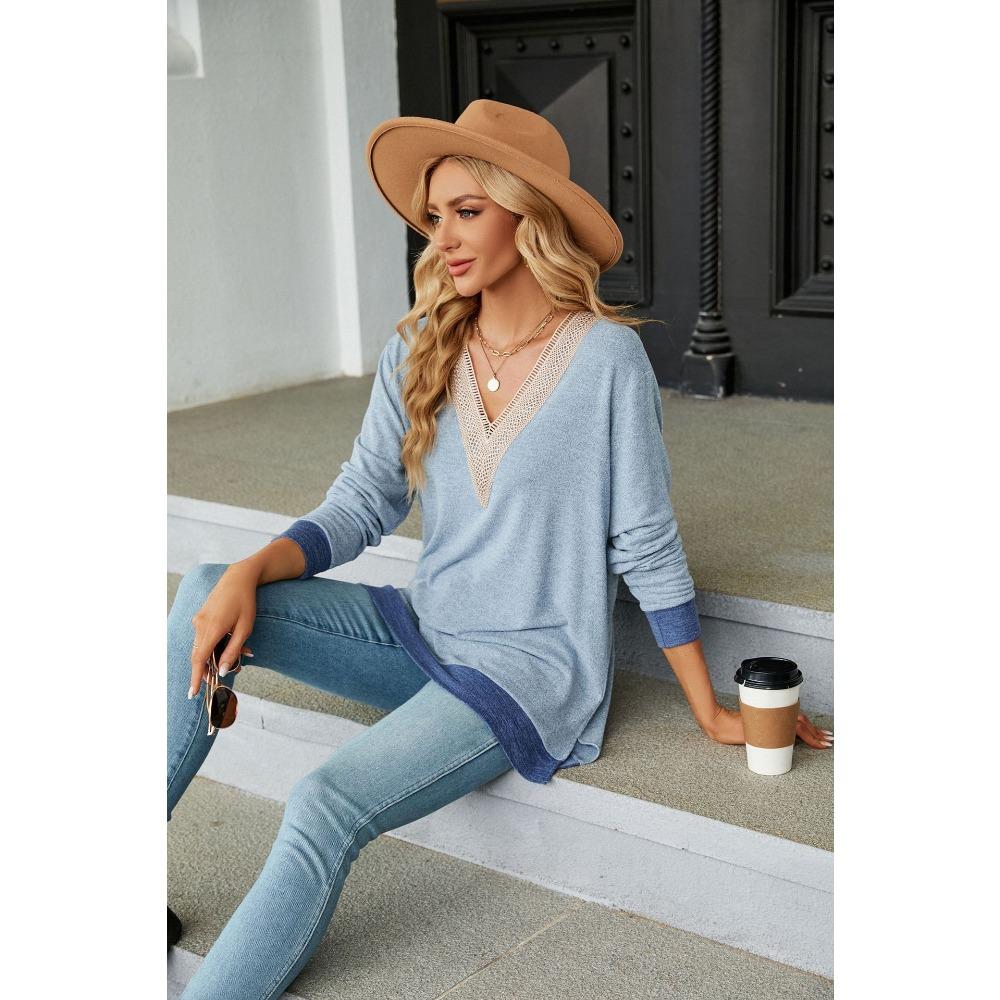Women's Long Sleeve T-Shirt Fall/Winter Sweatshirt Women's Lace V-Neck Color-Blocked Split Hem Loose Top