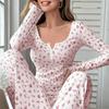 Women's Long Sleeve Pajama Set Ruffle Trim V Neck Crop Top And Wide Leg Pants Sleepwear Set Floral Print 2 Piece Pjs Set