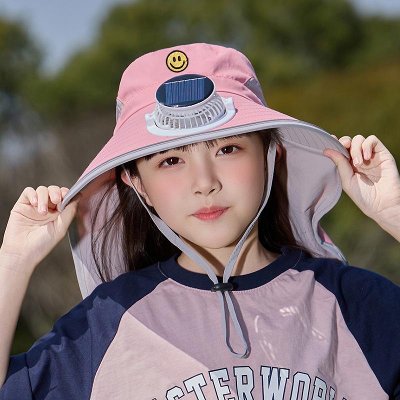 Children's hats summer boys and girls outdoor sun protection hat eaves shawl bucket hat solar fan sun hat