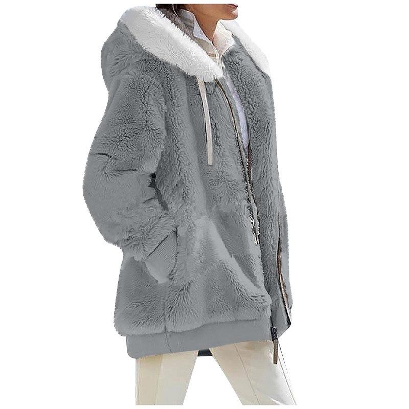 2024 Autumn/Winter Loose Plush Long Sleeve Zip Pocket Hooded Warm Coat for Women
