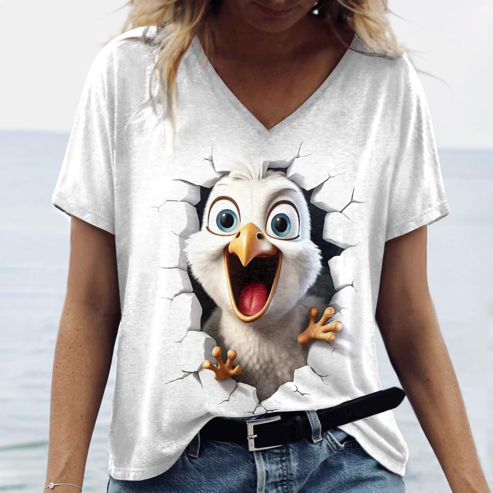 Playful Animals Printed Women's T Shirt Summer Casual Short Sleeve T-Shirts Kawaii 3d V-Neck Tops Tees Women's Oversize Pullover