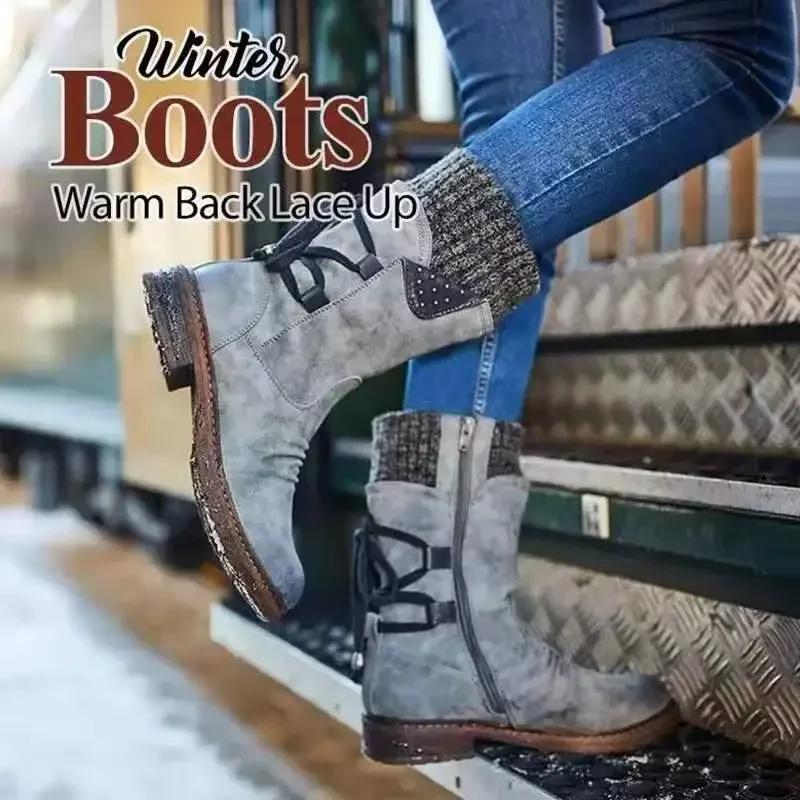 Fashion Women Retro Warm Woolen Boots Winter Fashion Lace Up Platform Causal Cotten Shoes Fluffy Plush Suede Anti-cold Short Snow Boots