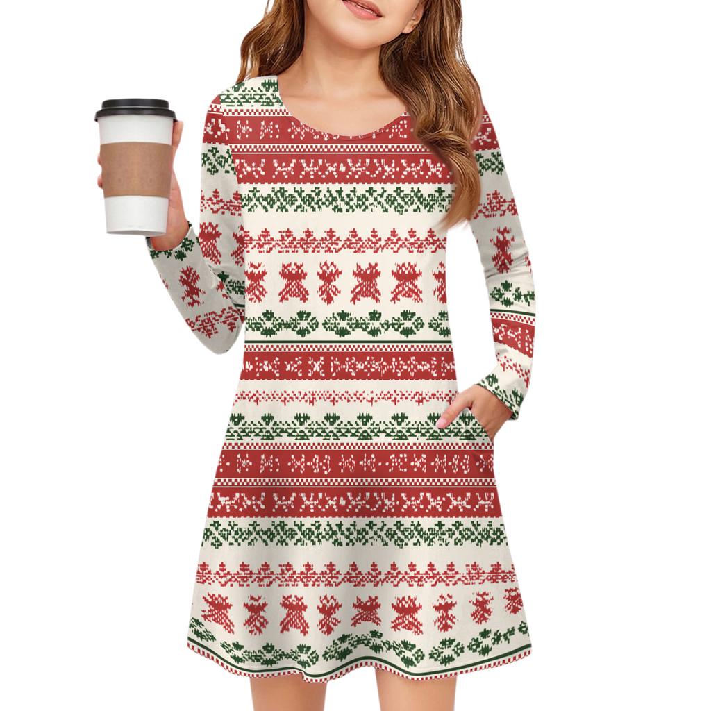 Christmas Day Girls' Long Sleeve Dress - Color Pocket Dress