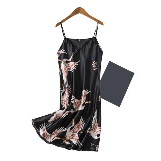 2 Pcs/Set Women Ice Silk Pajama Set Satin Printed V Neck Spaghetti Strap Loose Nightdress Half Sleeve Lace-up Waist Nightgown Lady Sleepwear