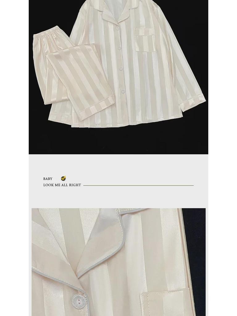 Women's Striped Long-Sleeve Pajamas - Spring/Summer Solid Color
