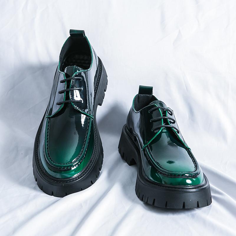 New Men's Fashion Thick Soled Leather Shoes Business Lace Up Oxford Green Black Waterproof Platform Shoes Wedding Height Shoes