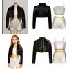 Kids Girls 3Pcs Demon Cosplay Singer Outfit Iridescent Gloss Crop Top Long Sleeve Trim Sequins Outer Wear and Waist Chain Shorts